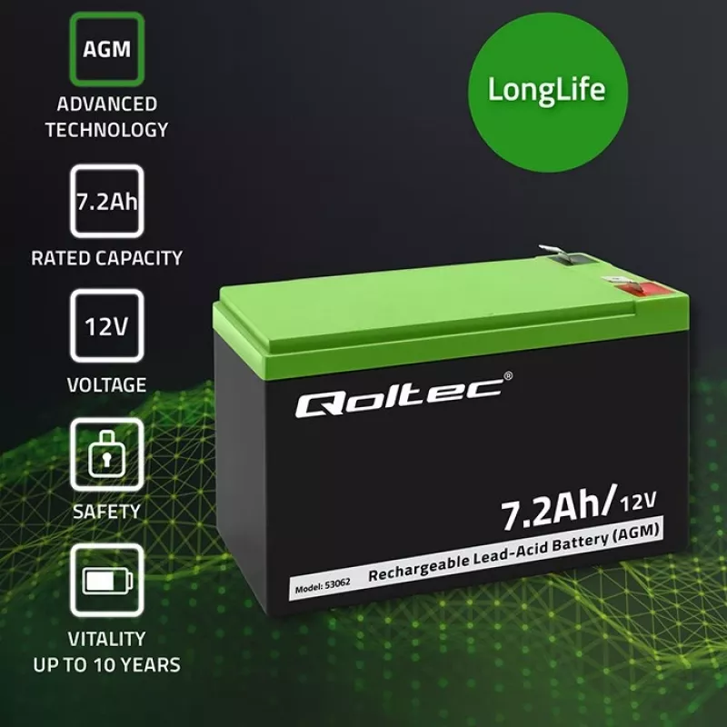 Qoltec 53062 batteria AGM | 12V | 7,2 Ah | max 108A