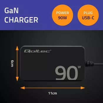 Caricabatterie da parete Qoltec 90W GaN Super Fast SLIM | XP | 5-20V | 4,5A | USB-C 3.1 | Laptop | MacBook | Smartphone | + cavo