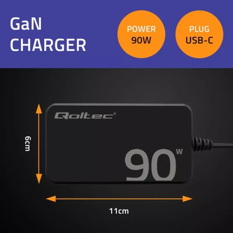 Caricabatterie da parete Qoltec 90W GaN Super Fast SLIM | XP | 5-20V | 4,5A | USB-C 3.1 | Laptop | MacBook | Smartphone | + cavo