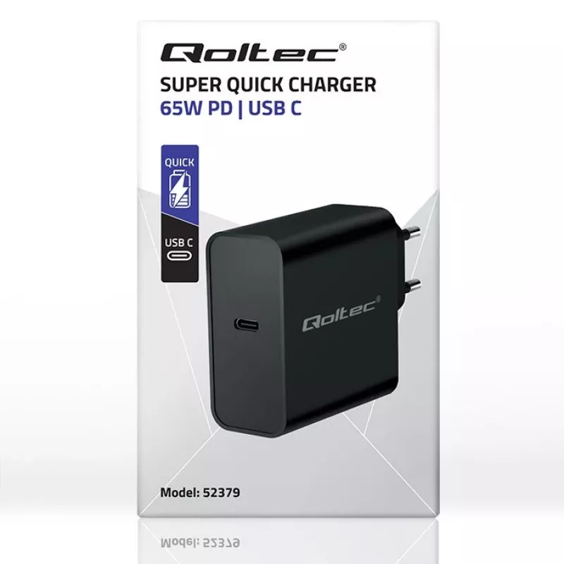Caricabatterie QOLTEC Super Quick PD 65W USB‑C Power Delivery 5–20V, 1x USB‑C, USB PD 3.0, connettore maschio Type-C, 65 W