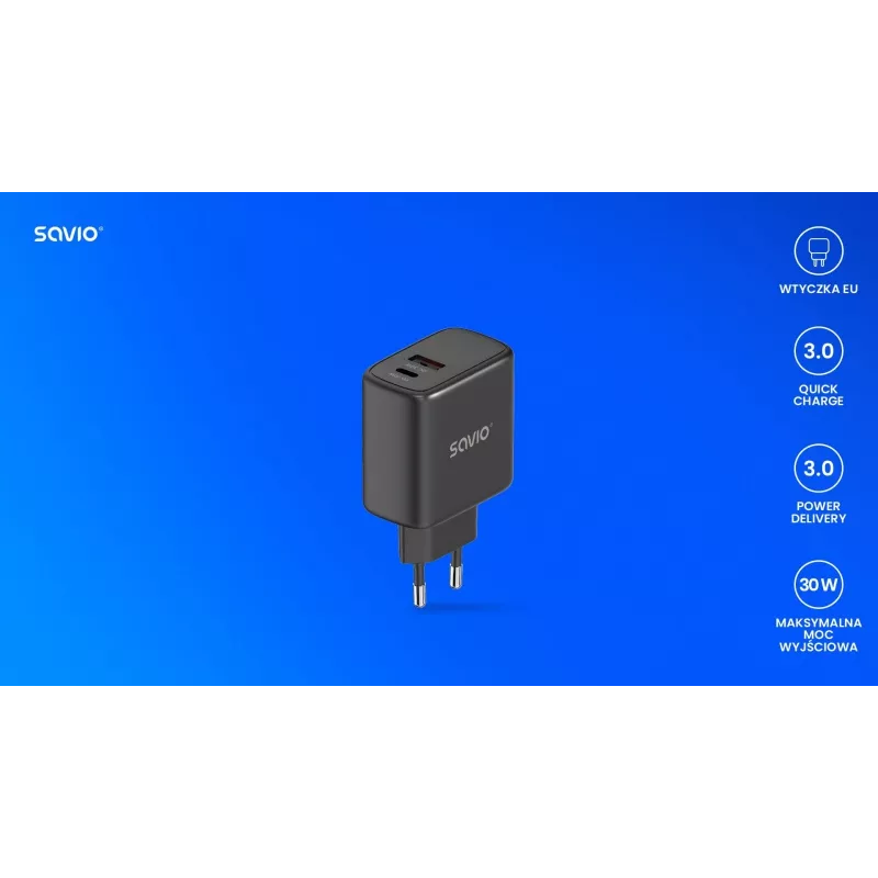 Caricabatterie da parete SAVIO LA-06/B 30 W, USB-A + USB-C, Quick Charge, Power Delivery 3.0, nero