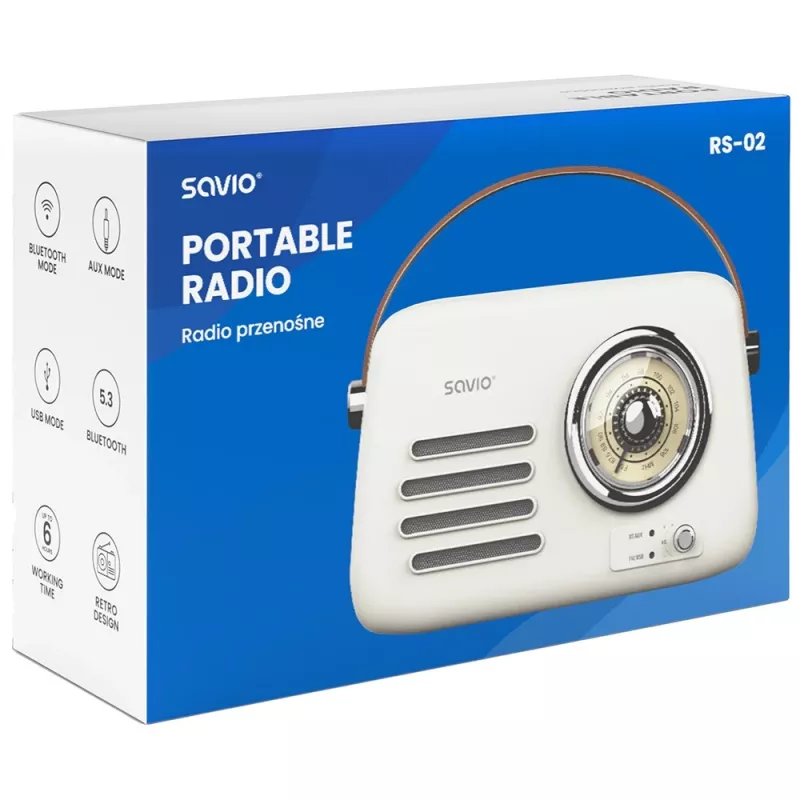 Radio portatile SAVIO RS-02 — sintonizzatore FM analogico, Bluetooth 5.3, alimentazione USB, 3 W, bianco