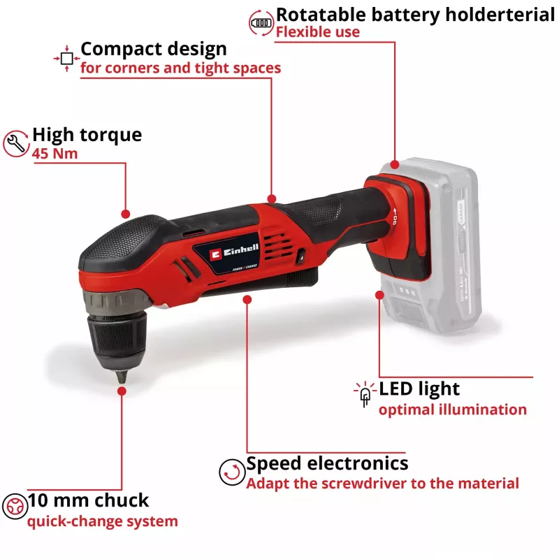 Einhell TE-AD 18 Li Solo trapano angolare a batteria, Power X-Change, 18 V, 45 Nm, senza batteria e caricabatterie, rosso/nero