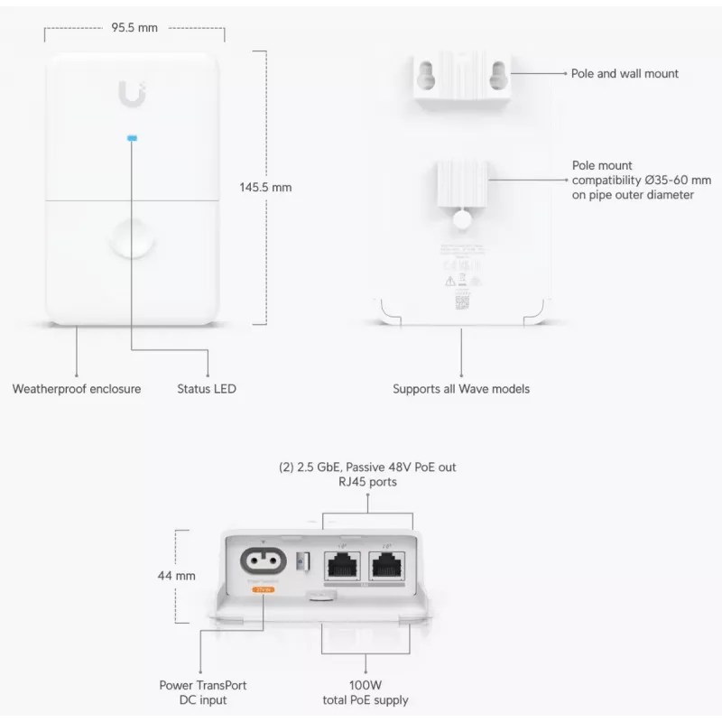 Iniettore dual-power Ubiquiti UISP 2.5 Gigabit Ethernet 48 V