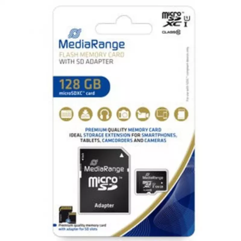 MediaRange MR945 - scheda di memoria flash (microSDXC con adattatore SD) - 128 GB - UHS-I / Class10 - microSDXC - nero (MR945)
