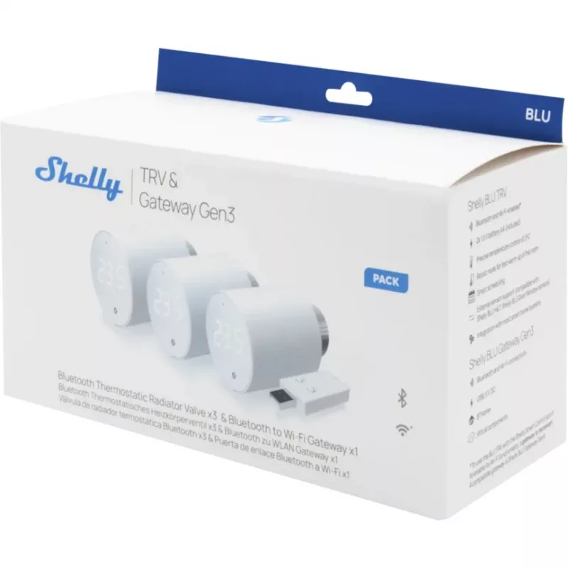 Shelly BLU TRV set da 3 pz. di termostati per radiatori con BLU Gateway Gen3, bianco