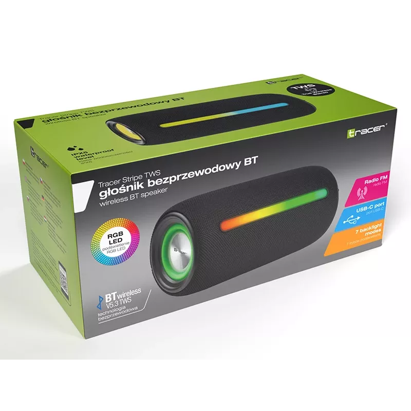 Altoparlante stereo portatile TRACER Stripe nero — 10 W RMS, Bluetooth/cablato, USB-A e USB-C, MicroSD, batteria ricaricabile integrata (fino a 5 h)