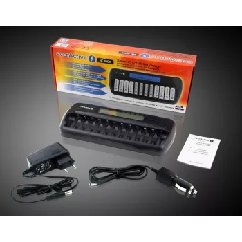 Caricabatterie everActive NC-1200 – caricabatterie universale a 12 vani per AA/AAA, ingresso 12 V, nero