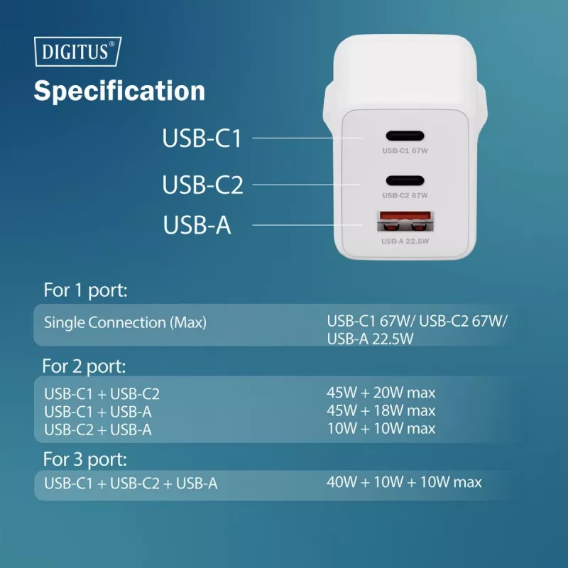 Caricabatterie da parete DIGITUS DA-10303 67W GaN, 2× USB-C + 1× USB-A, 100–240V, bianco