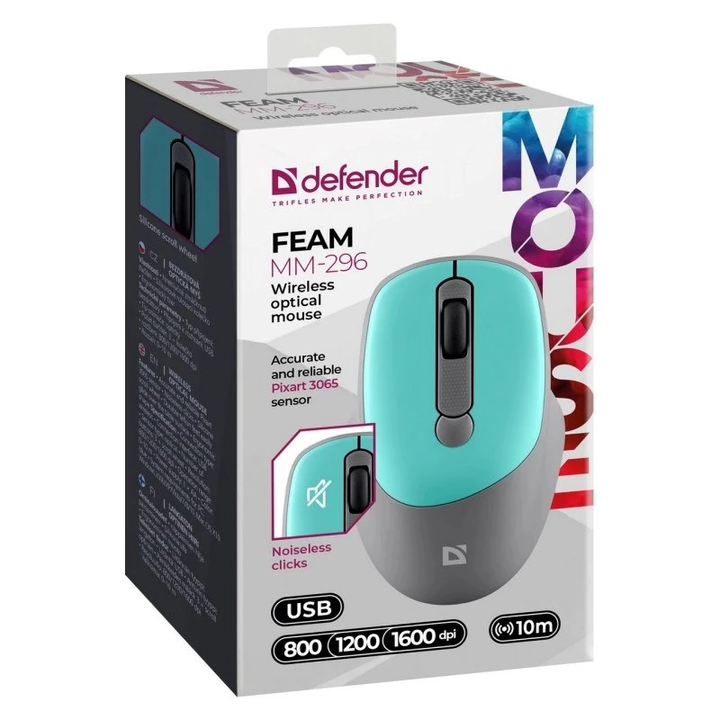 Defender Feam MM-296 52294 mouse wireless, click silenzioso, ottico, 1600 DPI, USB, menta