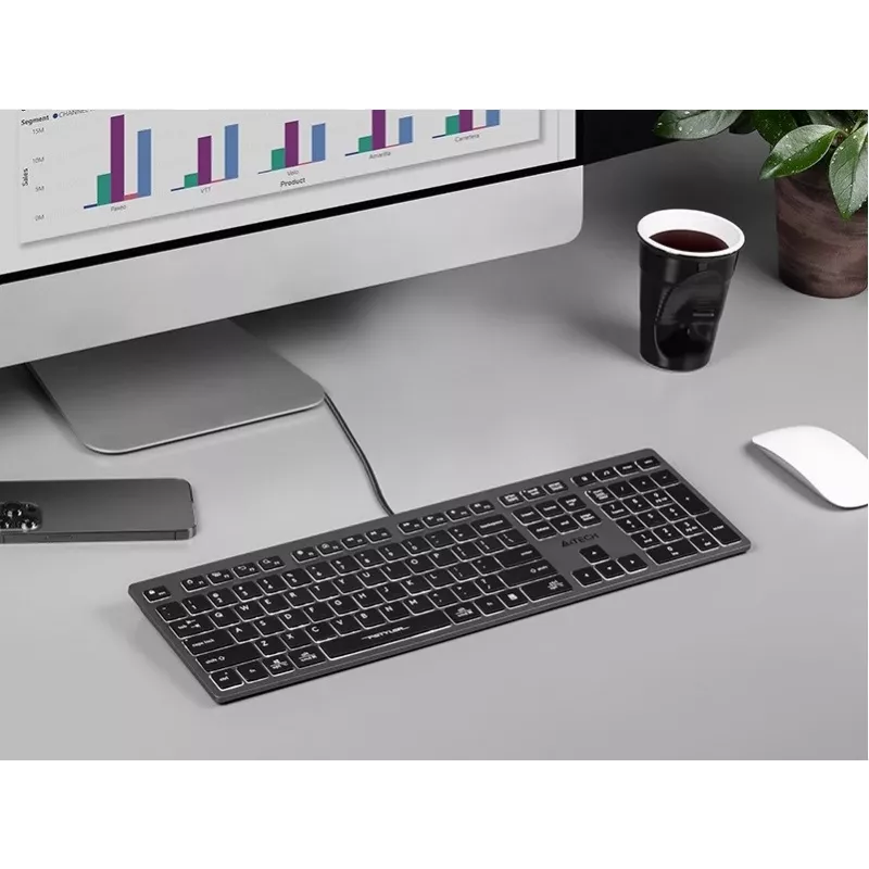 Tastiera A4Tech con filo FX60H USB QWERTY – Full-Size 100%, retroilluminata bianco, grigio, hub USB