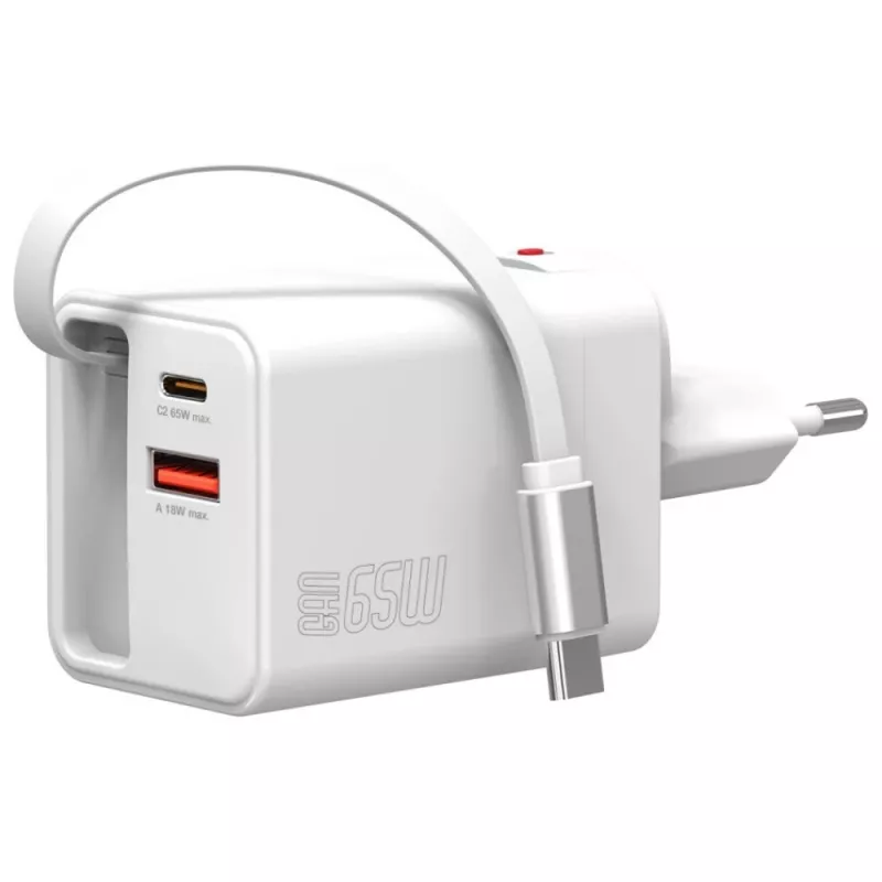 4smarts 541065 GaN Flex Jojo 65W caricabatterie da parete, 2x USB-C PD + USB-A QC 3.0, cavo USB-C retrattile, 100-240V, bianco