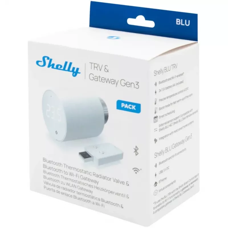 Set valvola termostatica per termosifone Shelly Heating Control BLU TRV + BLU Gateway Gen. 3 — M30×1,5, Wi‑Fi, batterie AA, altezza 78 mm