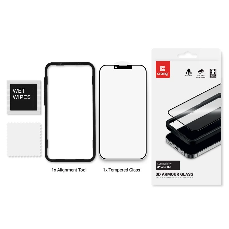 Vetro temperato protezione display Crong per iPhone 16e / 14 / 13 / 13 Pro — copertura totale 3D