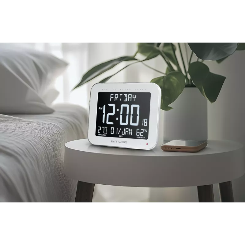 Muse M-090 WMC orologio digitale da parete/tavolo con sveglia, ampio display LCD con retroilluminazione automatica, temperatura e umidità interne, calendario, rettangolare, bianco