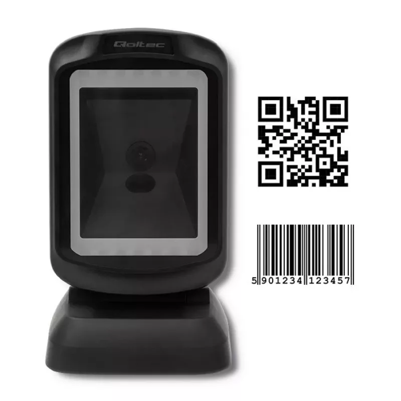 Lettore di codici a barre fisso 1D/2D QOLTEC 50864, sensore LED, USB (con cavo), nero, 145×85×80 mm
