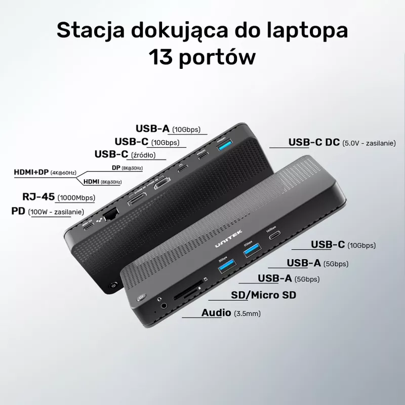 Docking station UNITEK D1079A USB4 con filo nero 100W Power Delivery