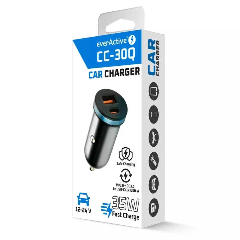 Caricabatterie da auto everActive CC-30Q QC3.0 35W – 1x USB-A, 1x USB-C, ricarica rapida