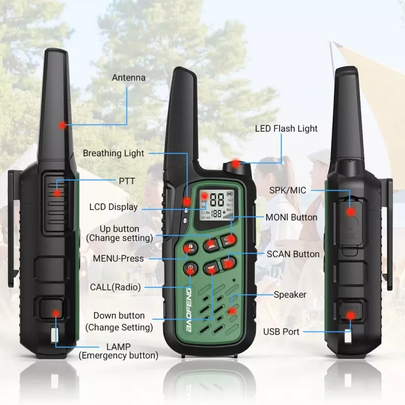 Ricetrasmettitore portatile Baofeng BF-T25E — 16 canali, 2×1400 mAh Li‑Ion, VOX, LCD, verde, set da 2