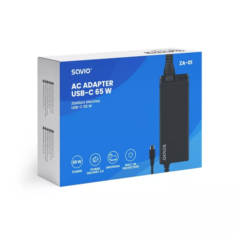 Caricabatterie AC da interno SAVIO ZA-01, 65W USB‑C PD 3.0, ingresso 100–240V, singolo connettore, nero