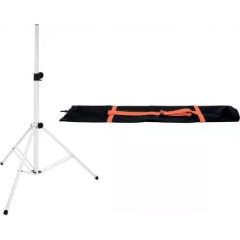 Set stativi per diffusori Omnitronic BS-2 EU bianco con custodia, regolabile in altezza, stativo pieghevole