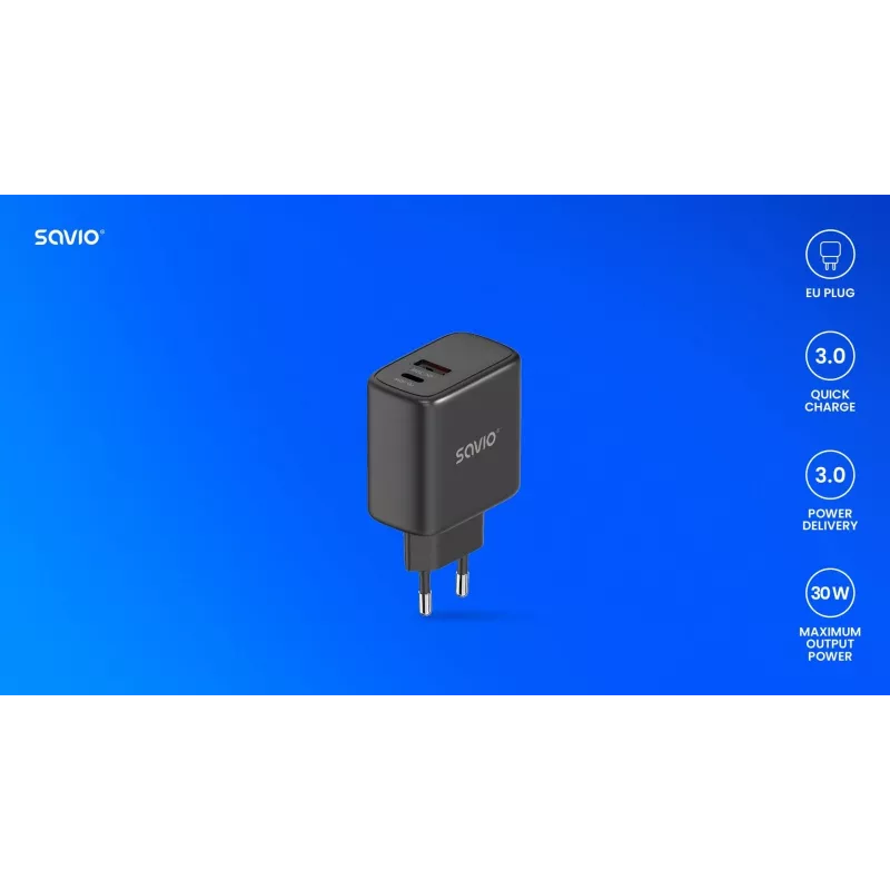 Caricabatterie da parete SAVIO LA-06/B 30 W, USB-A + USB-C, Quick Charge, Power Delivery 3.0, nero