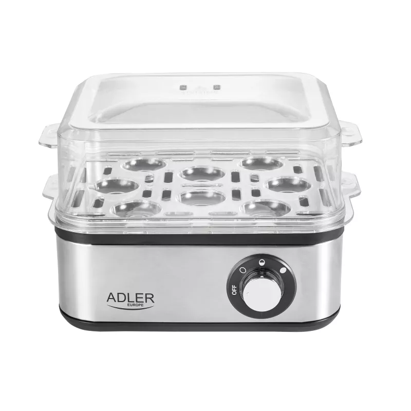 Cuociuova Adler AD 4486 — capacità per 8 uova, 800 W, acciaio satinato nero con coperchio trasparente