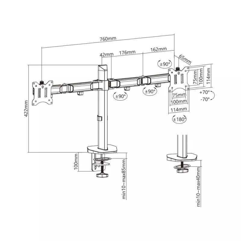 Staffa da incasso per due monitor Deluxe Ergo Office, 17-32, max. 9 kg, ER-449