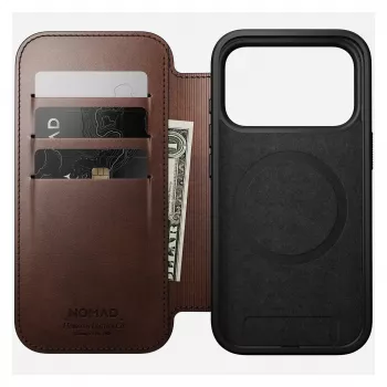 Custodia per smartphone Nomad Modern Leather Folio per iPhone 17 Pro, pelle/alluminio, 16 cm (6,3 pollici) marrone, 4 scomparti per carte