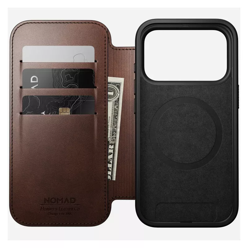 Custodia per smartphone Nomad Modern Leather Folio per iPhone 17 Pro, pelle/alluminio, 16 cm (6,3 pollici) marrone, 4 scomparti per carte