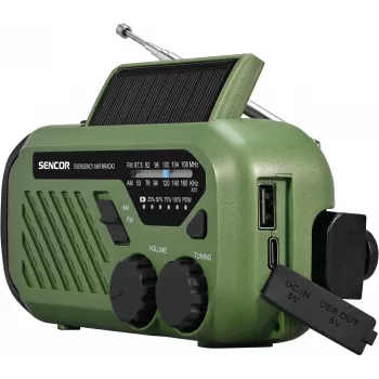 Radio portatile FM/AM SENCOR SRD1000SCLGR con Bluetooth, ricarica solare/a manovella/USB-C, batteria ricaricabile 2000 mAh, IPX4, luci LED