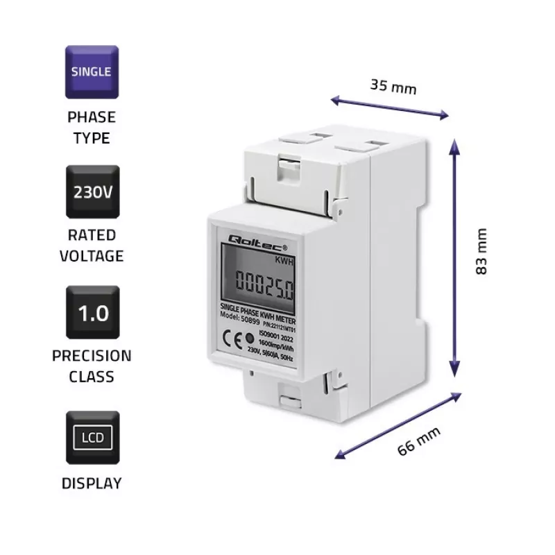 Contatore di consumo energetico monofase QOLTEC 50899 230 V 50 Hz, 5(60)A, classe 1.0, LCD