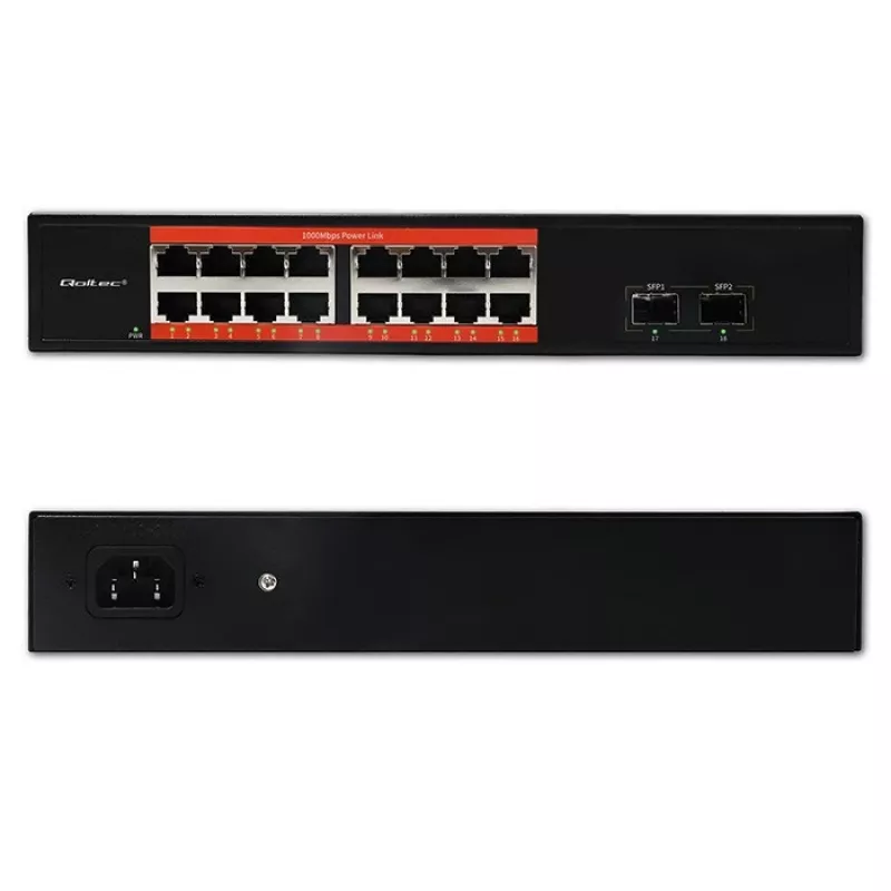 Switch di rete QOLTEC 52364 — Gigabit Ethernet PoE 16xRJ45, 2xSFP