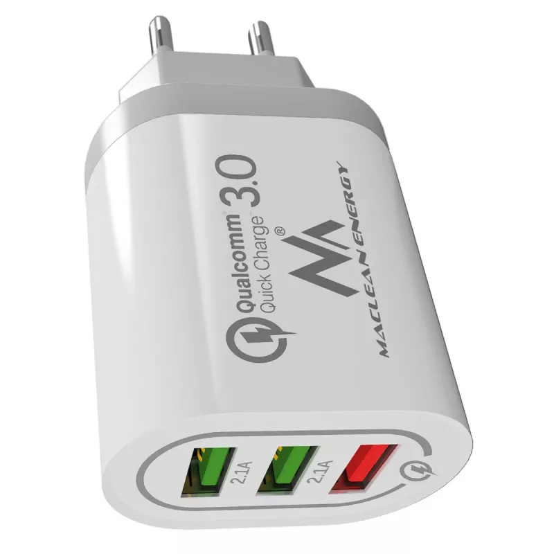 Caricabatterie da parete MACLEAN MCE479W — caricabatterie rapido USB 3 porte, potenza totale 18W