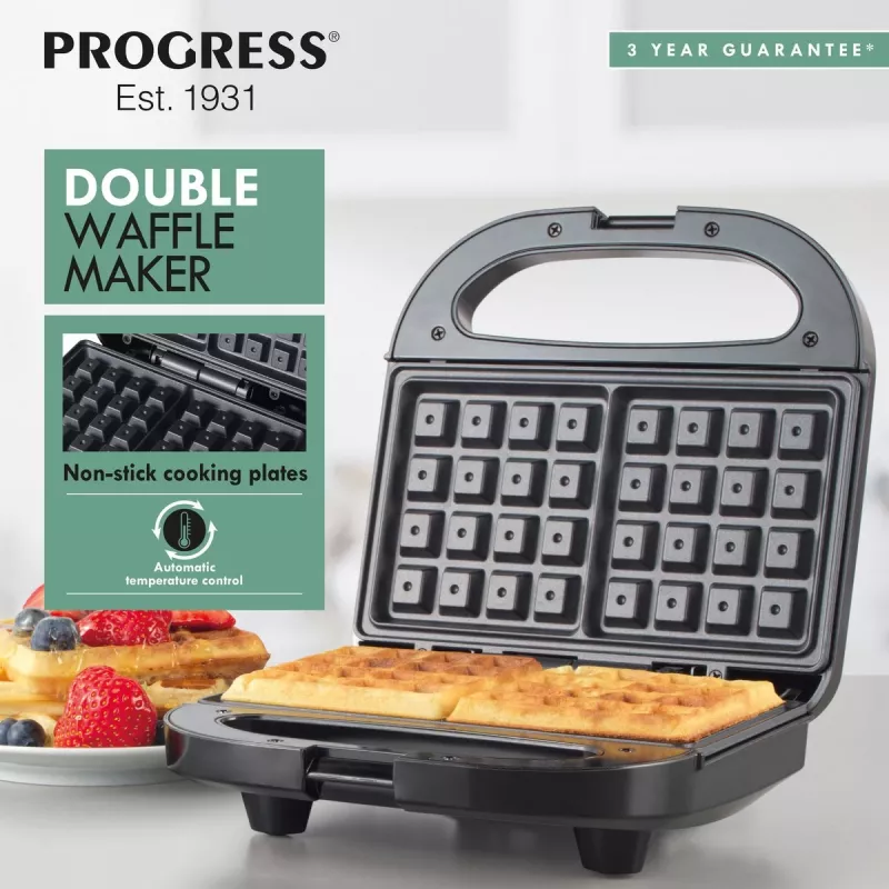 Waffle maker doppio Progress EK5852PVDE – doppie piastre, rivestimento antiaderente, temperatura regolabile