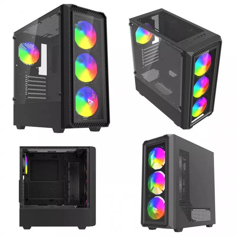 Savio Noctis Glass RGB Cube case per PC, ATX/Micro-ATX/Mini-ITX, frontale in vetro temperato, ventole RGB, nero