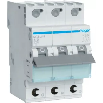 Hager MCS310. Corrente nominale: 10 A. Tipo: curva C, numero di moduli (max): 3 moduli. Larghezza: 52,5 mm, profondità: 70 mm, altezza: 83,4 mm (MCS310)