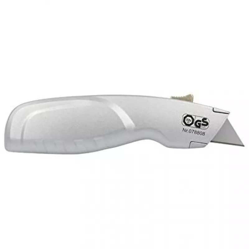 WEDO 78808 Safety-Cutter ALU taglierino, lama trapezoidale, a molla, a ritorno automatico, 2 lame di ricambio, TÜV/GS, argento