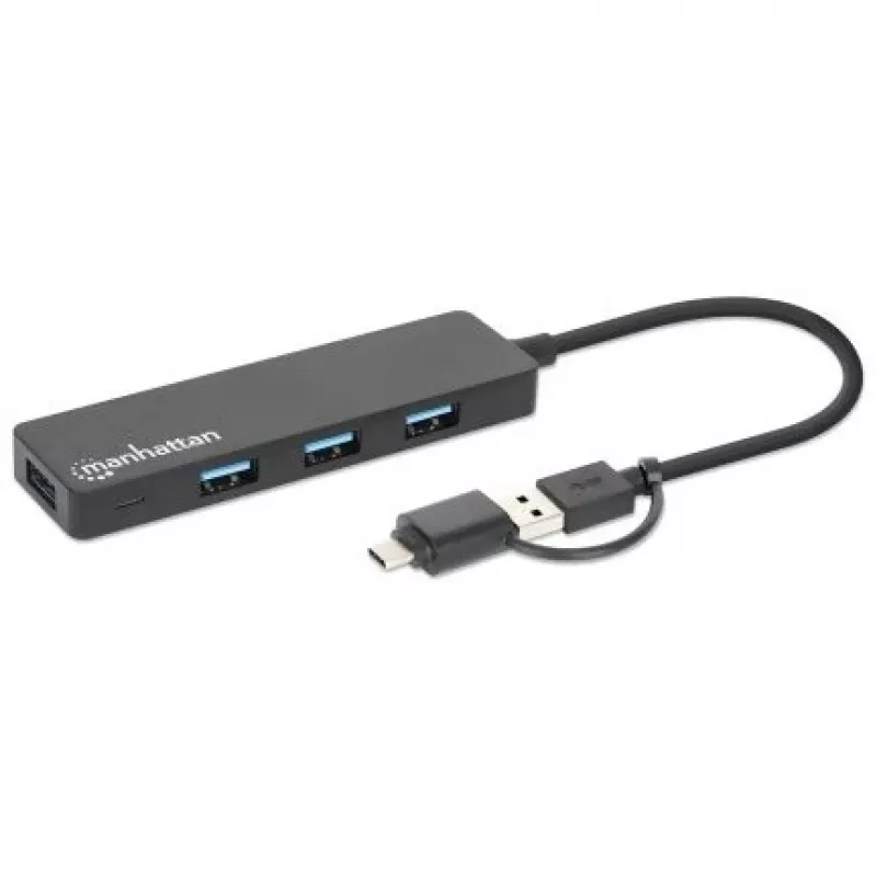 Dock/hub combo USB-C e USB-A Manhattan, porte (4): USB-A (x4), 5 Gbit/s (USB 3.2 Gen1 aka USB 3.0), alimentato via USB (nessun alimentatore esterno necessario)