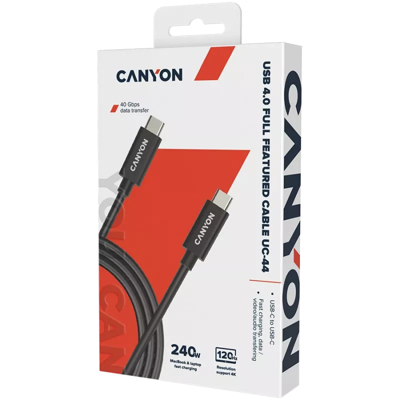 CANYON UC-44, cavo, U4-CC-5A1M-E, cavo USB4 Type-C su Type-C 40G 1 m 5A 240W (ERP) con E-MARK, CE, ROHS, nero