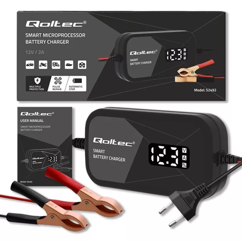 Caricabatterie QOLTEC 52492 12V 2A con controllo a microprocessore e rigenerazione celle