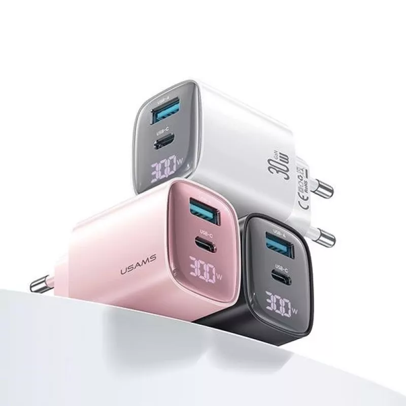 Caricabatterie rapido GaN USB e USB-C 30W usams CC229 bianco — indicatore LED, design compatto