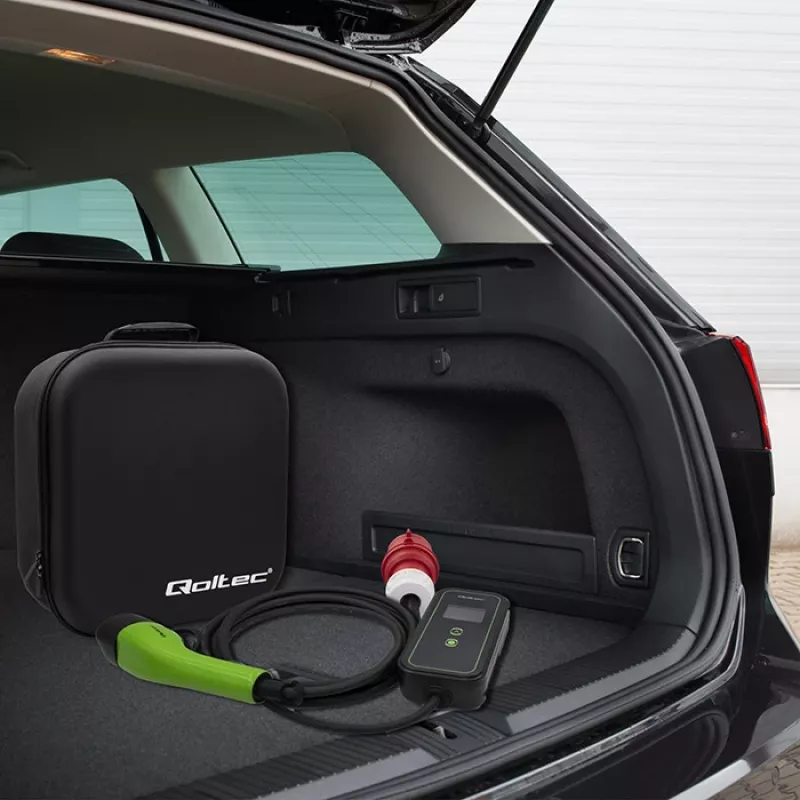 Caricabatterie mobile EV Qoltec regolabile 2in1 Type2 | 11kW | CEE 5 PIN | LCD | 3 fasi | portatile | wallbox | 5m