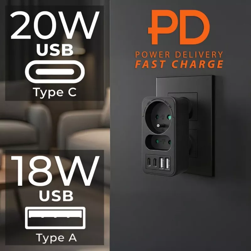 Power splitter MACLEAN MCE249 F/B – 2 prese AC (16A + 6A) con 2×USB-A e 2×USB-C PD 20W, spina EU, nero