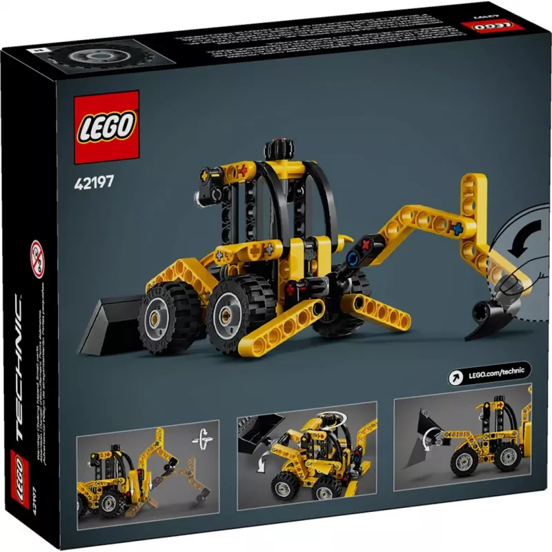 Set da costruzione LEGO Technic Backhoe Loader 42197 — sterzo articolato, caricatore funzionante, 104 pezzi, età consigliata 7+