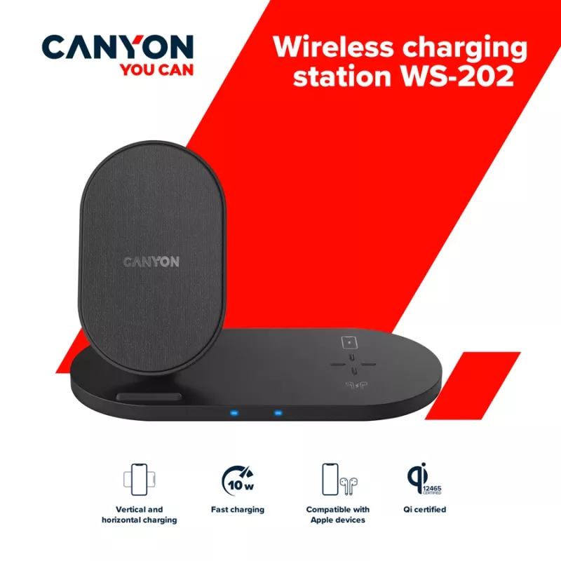 Caricatore docking station wireless 2in1 QI 10W/USB-C/LED nero