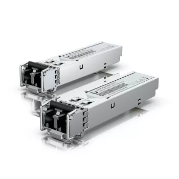 Ricetrasmettitore SFP Ubiquiti che supporta l'uso di fibra multimodale con connettore duplex LC-UPC. (UACC-OM-MM-1G-D)