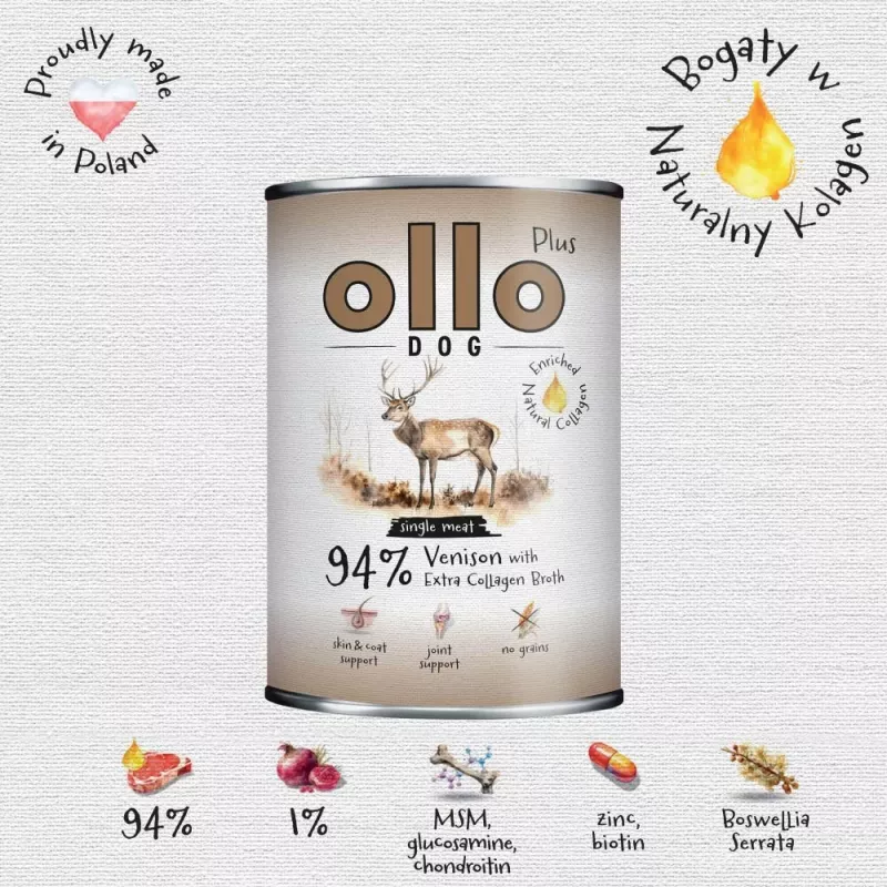 Ollo Plus Collagen cervo 400 g scatoletta per cani