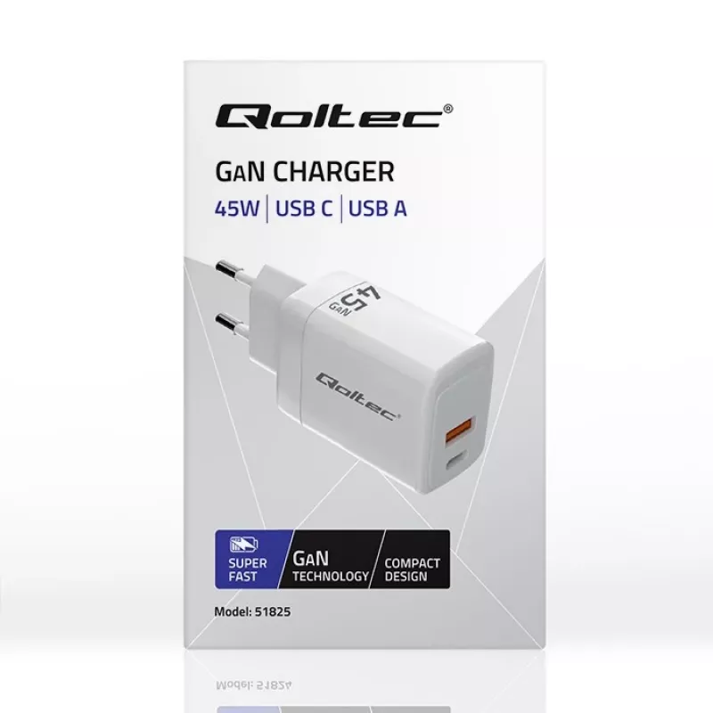 Caricabatterie GaN 45W 5V 20V 1,5A 3A, 1x USB-C PD, 1x USB-A