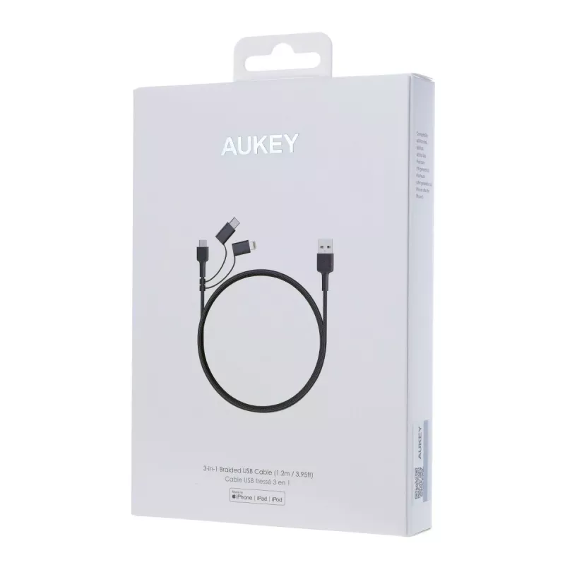 AUKEY CB-BAL5 cavo intrecciato 3 in 1, Micro USB / USB-C / Lightning, 1,2 m, nero